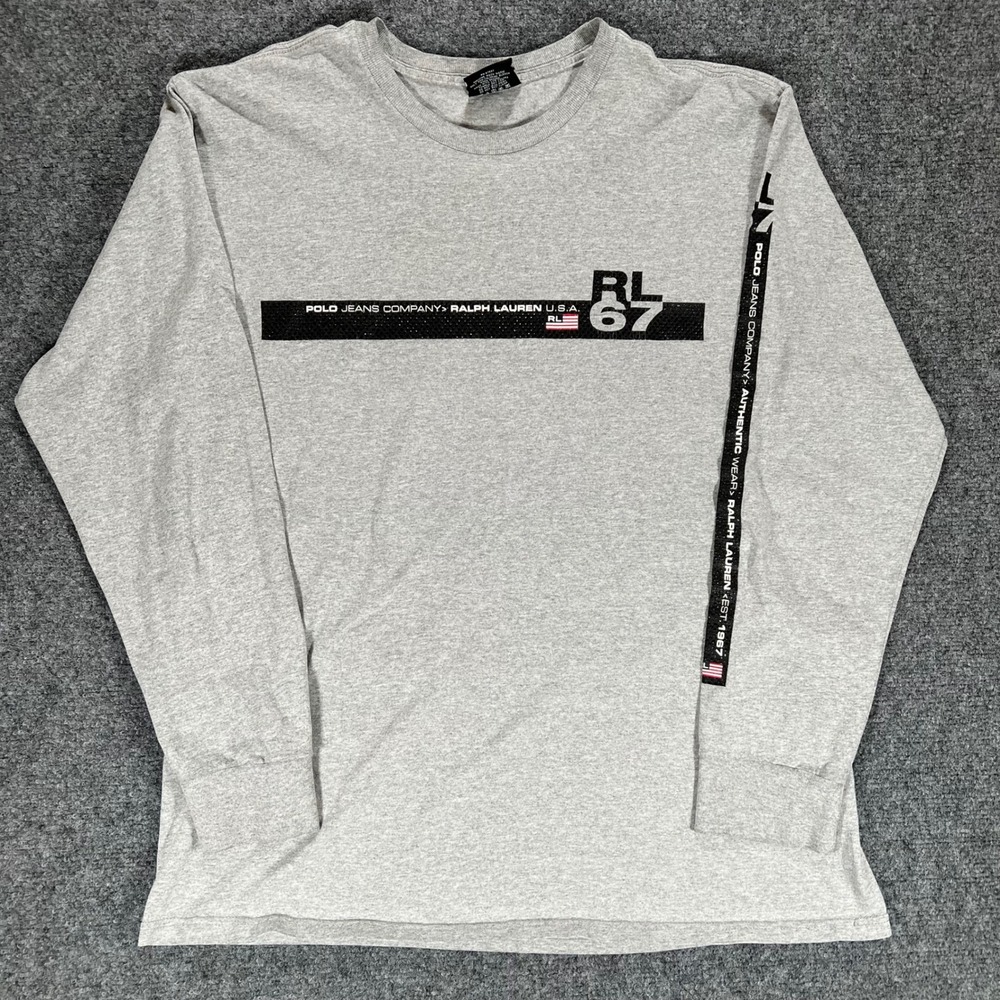 Polo Jeans Co Ralph Lauren RL 67 Gray Long Sleeve T-Shirt Mens Large Graphic Tee